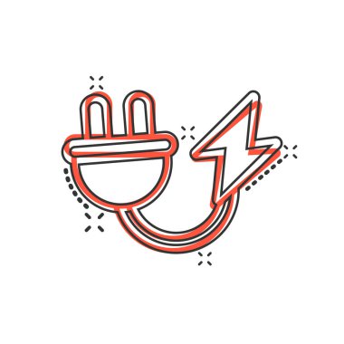 Karikatür tarzında elektrik prizi simgesi. Beyaz izole arkaplanda güç adaptörü çizgi film vektör çizimi. Elektrikçi atlama efekti işaret iş konsepti.