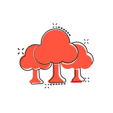 Çizgi roman tarzında ağaç simgesi. Beyaz izole edilmiş arka planda orman karikatürü vektör çizimi. Bitki sıçrama efekti işaret işi konsepti.