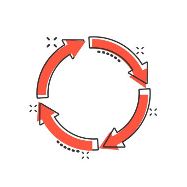 Çizgi roman tarzında simgeyi geri dönüştür. Beyaz izole edilmiş arkaplanda çizgi film vektör çizimini yeniden kullan. Geri dönüşüm sıçrama efekti tabela iş konsepti.