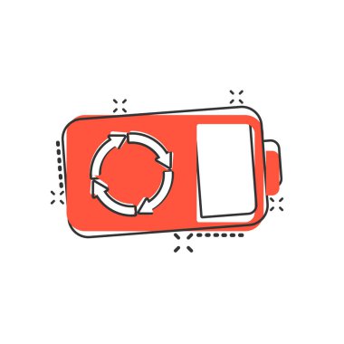 Çizgi roman tarzında pil simgesi. Beyaz izole arkaplanda toplayıcı karikatür vektör çizimi. Enerji şarj aleti iş konseptini su sıçrattı.