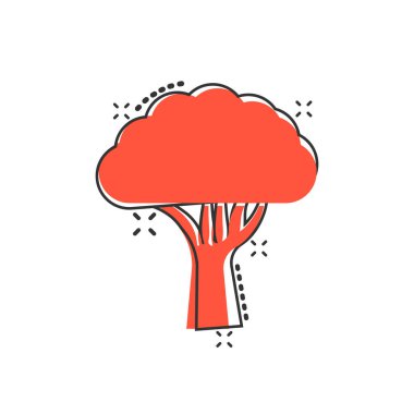 Çizgi roman tarzında ağaç simgesi. Beyaz izole edilmiş arka planda orman karikatürü vektör çizimi. Bitki sıçrama efekti işaret işi konsepti.