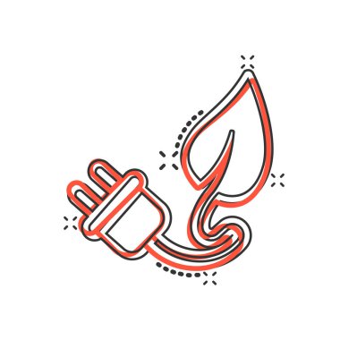 Komedi tarzında eko güç simgesi. Beyaz izole edilmiş arka planda yeşil enerji çizgi film vektör çizimi. Doğal kablo sıçrama etkisi iş konsepti.