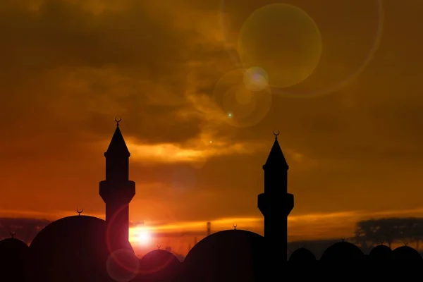 Silhouet Van Een Prachtige Moskee Tegen Achtergrond Van Zonsondergang Zon — Stockfoto