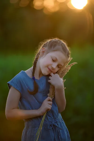 葦の咲く少女日没時の肖像画 — ストック写真