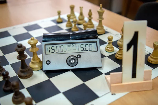 Chess Clock Board Chess Pieces Plate Number One Close Chess — Fotografia de Stock