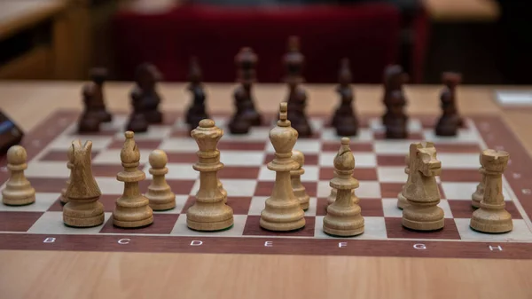 Chess Board Photo Chess Clock Table Strategic Chess Game Wooden — Fotografia de Stock