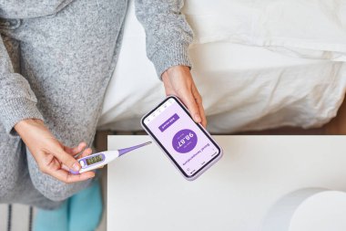 Bir kadın temel ısısını akıllı telefonunun uygulamasına kaydeder. Hamilelik için en uygun günlerin ne zaman olduğunu bilmek için bazal termometresinin ölçümleri sağ olsun.