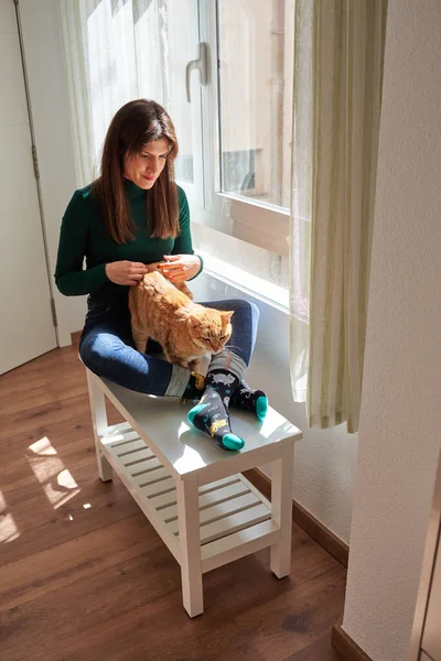 Woman stroking her cat inside her house Stock Image
