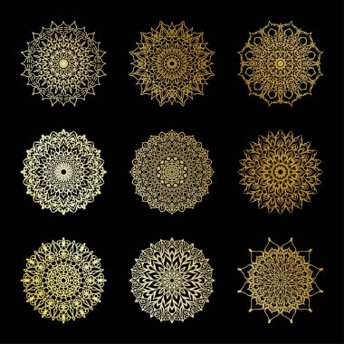 Henna, Mehndi, dövmeler, dekorasyonlar için mandala şeklinde dairesel desenler. Etnik doğu tarzında dekoratif dekorasyon. Boyama kitabı sayfası.