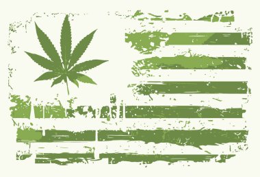 Grunge Efektli Marihuana Amerikan Bayrağı. Esrar Yaprağı Amerikan Bayrak İllüstrasyon Vektörü.