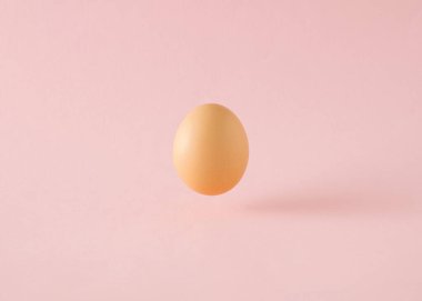 Bir yumurta pembe arka plan ve gölgesinin üzerinde uçar. Minimalist Paskalya konsepti
