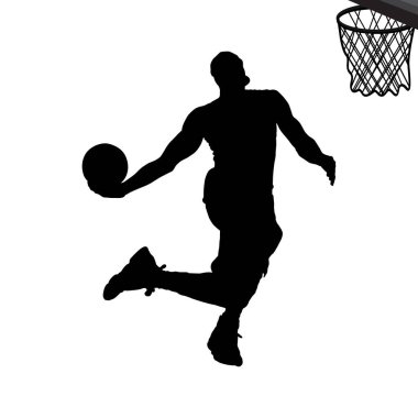 Erkekler basketbol oyuncusu silueti, topu izole arkaplandaki basket illüstrasyonuna sokmaya çalışıyor