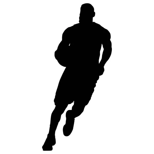 Hommes Basketball Joueur Silhouette Dribble Balle Avec Corps Incliné Illustration — Image vectorielle