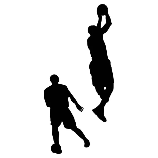Dos Mens Baloncesto Jugador Silueta Slam Dunk Escena Ilustración Sobre — Archivo Imágenes Vectoriales