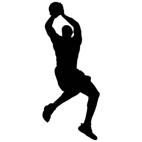 Мужской Баскетболист Силуэт Тянет Мяч Корзине Получить Иллюстрацию Изолированном Фоне — стоковый вектор