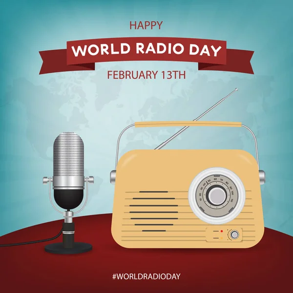 Happy World Radio Day Únor 13Th Vintage Radio Mikrofon Mapy — Stockový vektor