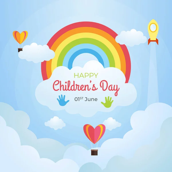 International Childrens Day illustration with rainbow air balloon and clouds on blue sky background
