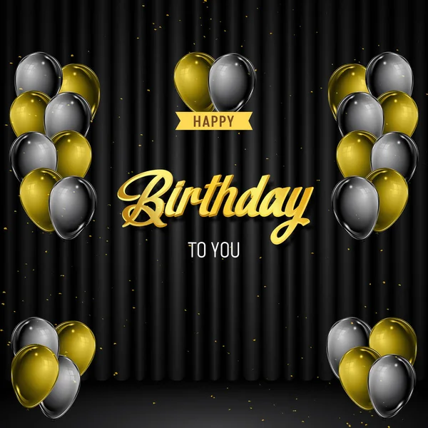 Happy Birthday Banner Design Balloons Confetti Curtain Illustration Black Background — Stockový vektor