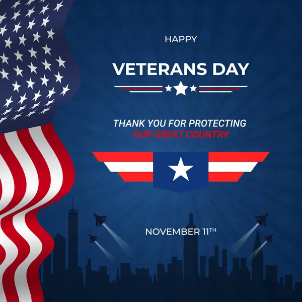 Happy Veterans Day November 11Th Illustration Sunburst Blue Background — Stock Vector