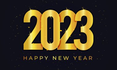 Mutlu yıllar 2023 yatay afişi altın rengi ve izole arkaplanda konfeti illütü
