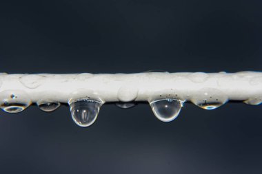 Yağmurlu bir günde elektrik kablosundan sarkan su damlaları