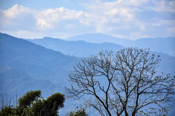 以云彩和白桦树为背景的风景如画的喜马丽亚山脊 — 图库照片