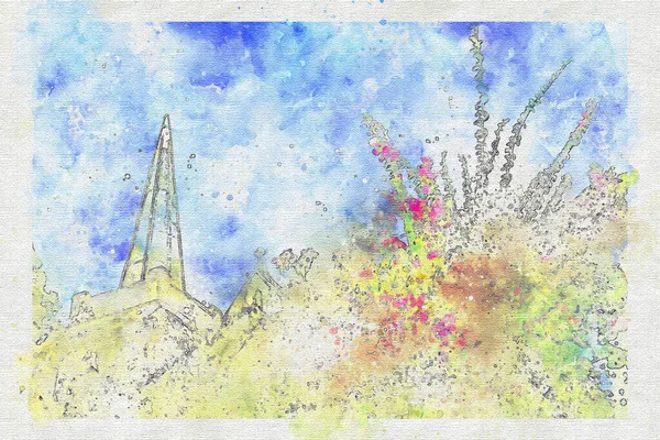 Aquarell Des Kirchturms Blauer Himmel Und Bougainvillea Blütenbaum — Stockfoto