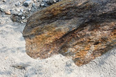 Kumlu nehir yatağında gömülü güzel, doğal kahverengi ve kırmızı kaya..