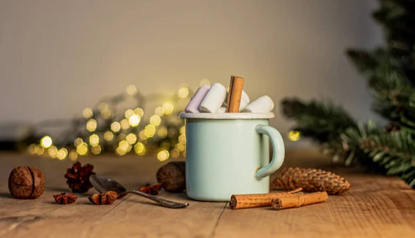 Bannière Noël Avec Tasse Blanche Avec Chocolat Chaud Guimauves Sur — Photo