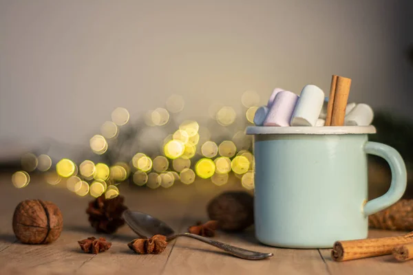 Bannière Noël Avec Tasse Blanche Avec Chocolat Chaud Guimauves Sur — Photo