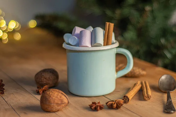 Bannière Noël Avec Tasse Blanche Avec Chocolat Chaud Guimauves Sur — Photo