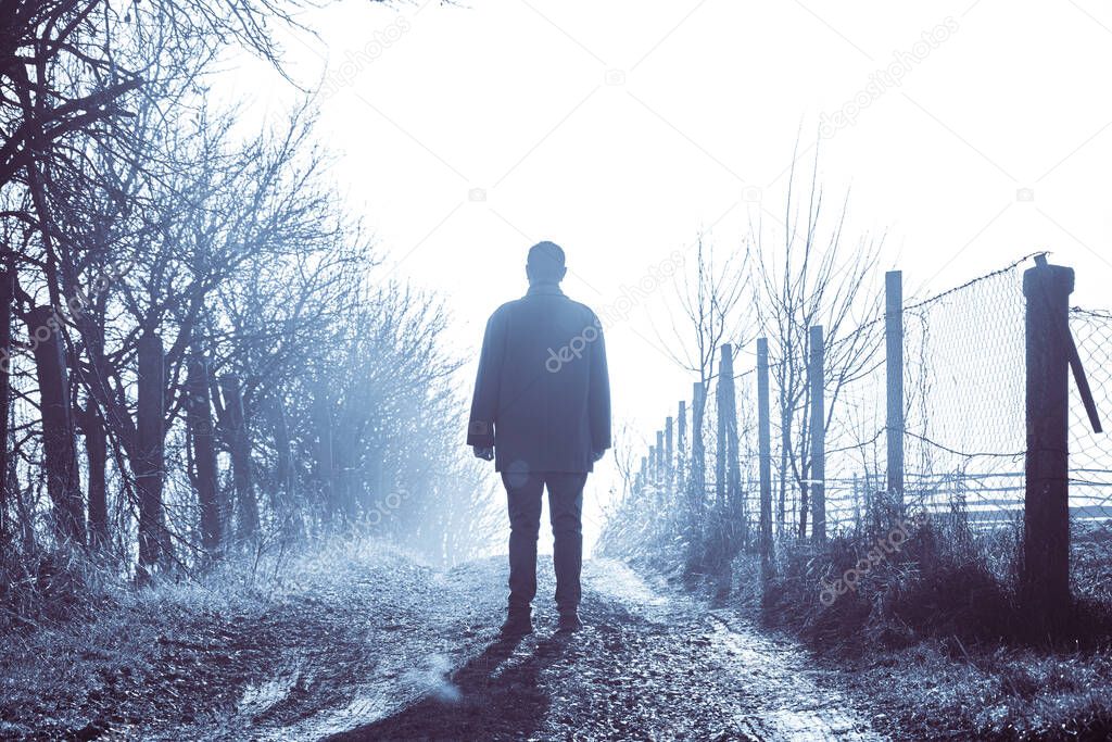 Man walking in a foggy autumn landscape.