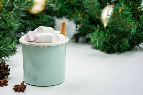 Hot Cocoa Marshmallows Cinnamon White Mug Patterns Surrounded Winter Christmas — Stock Photo, Image