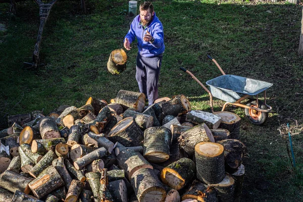 Hombre Cortando Leña Con Hacha Mano Pie Junto Tronco Para — Foto de Stock