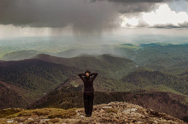 Rear View Woman Standing Storm Mountains — Stock Fotó