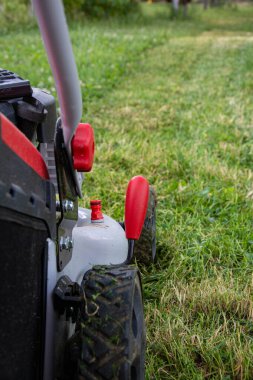 Çimlerin üzerinde çim biçme makinesi ve fotokopi alanı tarım ve bahçe makineleri.