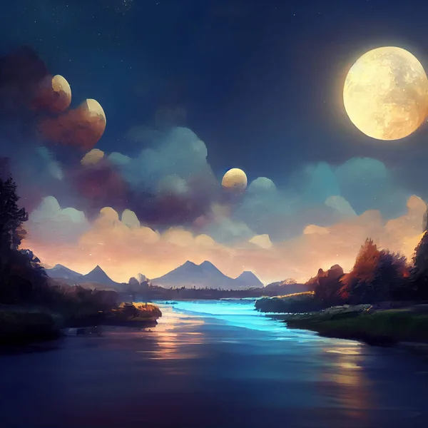 Beautiful Moon and River at Night with Mountains and Stars. Concept Art Scenery. Book Illustration.Video Game Scene. Serious Digital Painting. CG Artwork Background