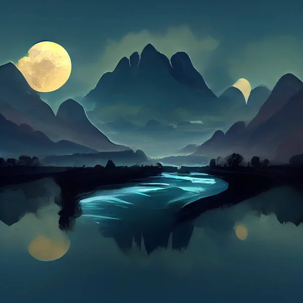 Beautiful Moon and River at Night with Mountains and Stars. Concept Art Scenery. Book Illustration.Video Game Scene. Serious Digital Painting. CG Artwork Background