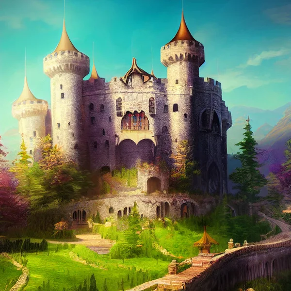 Digital Illustrated Dreamy Old Fairy Castle Palace Tower Fortress on the Hill Of Nature Kingdom Landscape.Concept Art Scenery. Book Illustration. Video Game Scene. Serious Digital Painting. CG Artwork