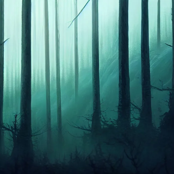 Mystery Deep Forest River Fog Fantasy Backdrop Concept Art Realistic — ストック写真