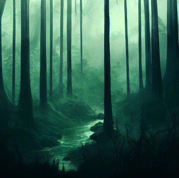 Mystery Deep Forest River Fog Fantasy Backdrop Concept Art Realistic — Stockfoto