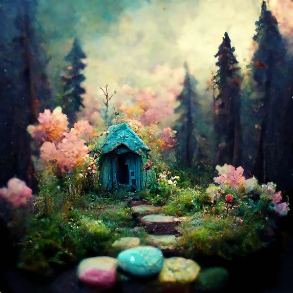 Une Petite Maison Fées Dans Une Forêt Enchantée Illustration Numérique — Photo