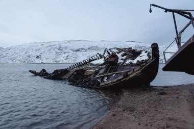 Terk edilmiş kadim gemilerin mezarlığı. Tahta gemileri yok etti. Teriberka Köyü, Kola Yarımadası, Rusya, Barents Denizi