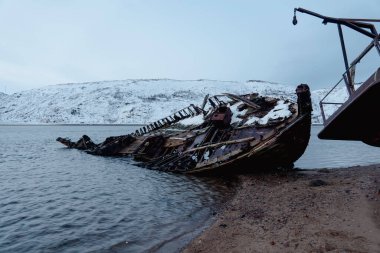 The cemetery of abandoned ancient ships. Destroyed wooden ships. Teriberka village, Kola Peninsula, Russia, Barents Sea clipart