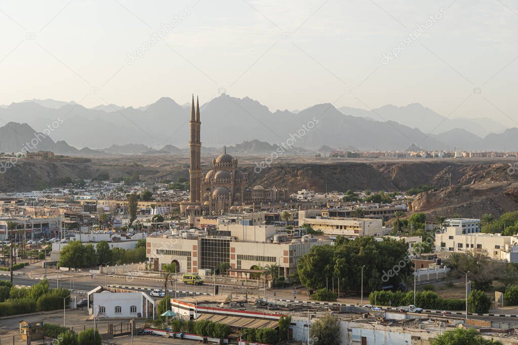 Sharm El Sheikh, Egypt - October 10th, 2021: Panorama of the Old Market with the Al Sahaba Mosque in Sharm El Sheikh. Exotic cityscape with modern Muslim temple in Arabic architectural style city