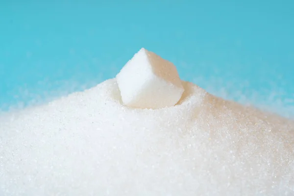 White Sugar Bowl Isolated Blue Piece Refined Sugar Pile — Stok fotoğraf