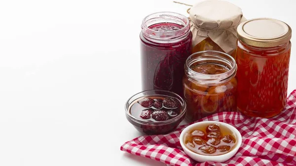 High angle arrangement with jam jars. High quality beautiful photo concept — Stock Photo, Image