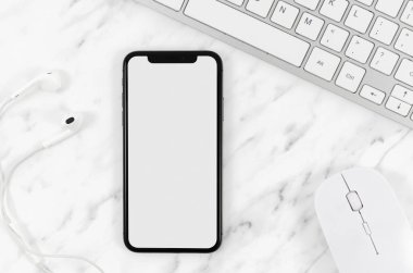 Üst görünüm akıllı telefon şablonu çalışma alanı. Yüksek kalite güzel fotoğraf konsepti