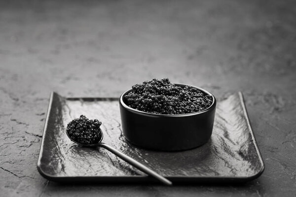 high angle bowl with black caviar. High quality photo