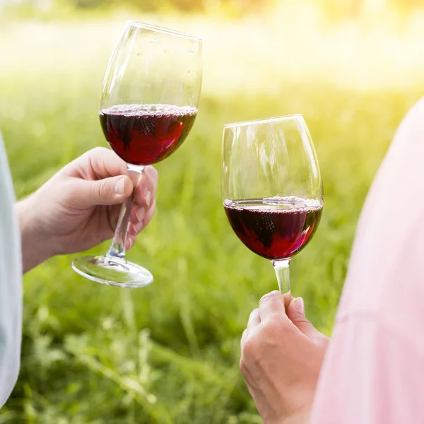 Wineglasses with red wine hands couple picnic. High quality photo — Stock Photo, Image